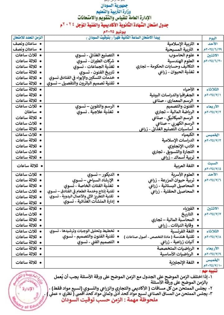 جدول امتحانات الشهادة الثانوية السودانية 2025 للدفعة المؤجلة 2024 مواعيد امتحان المواد حسب وزارة التربية